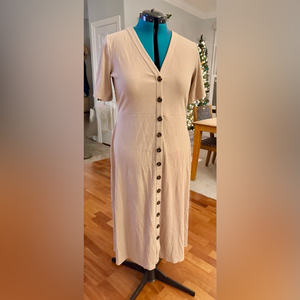 NWT | Ann Taylor | Camel Ribbed Button Front Midi Dress | L